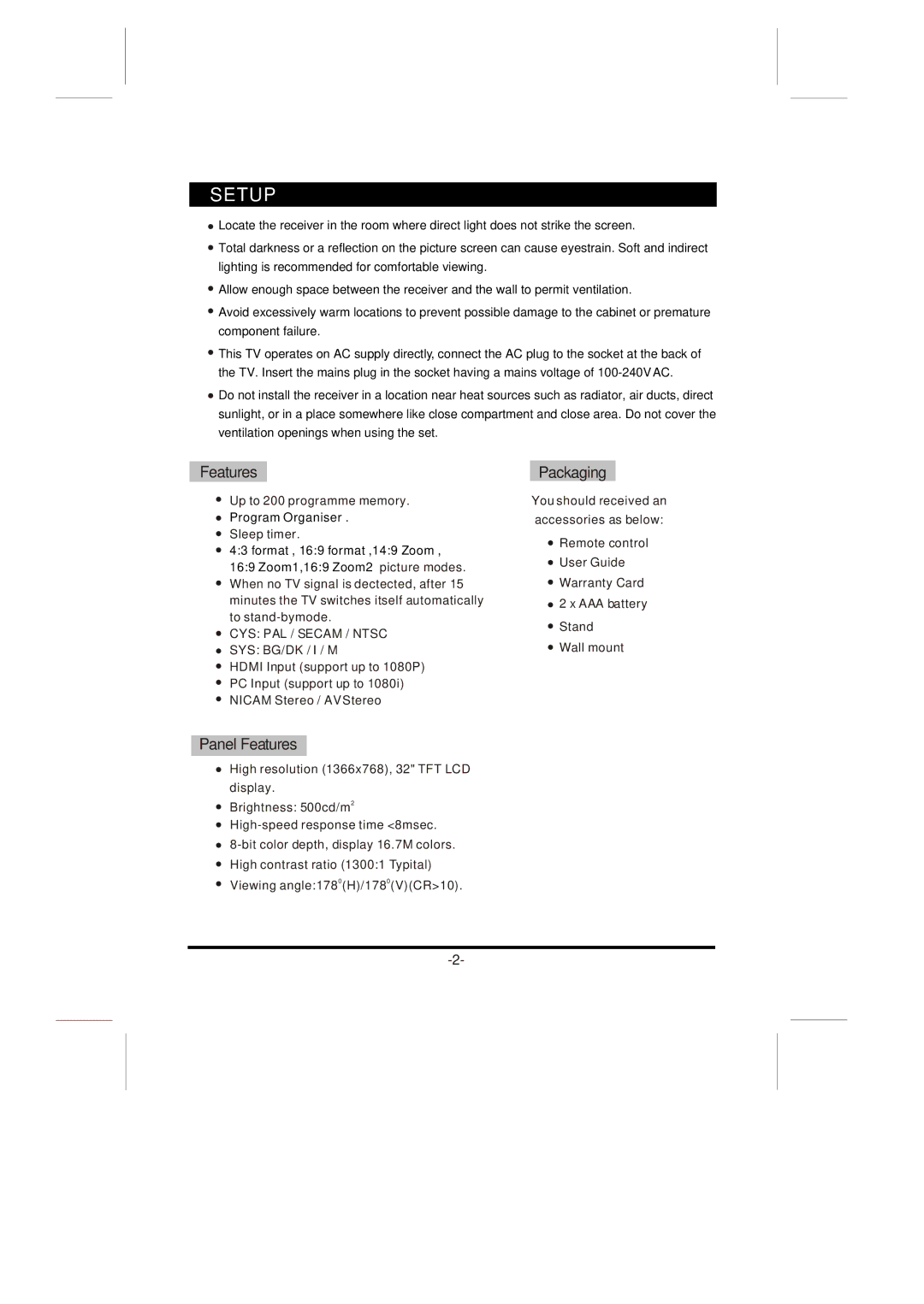 Skyworth LCD-32L8E instruction manual Packaging, Panel Features 