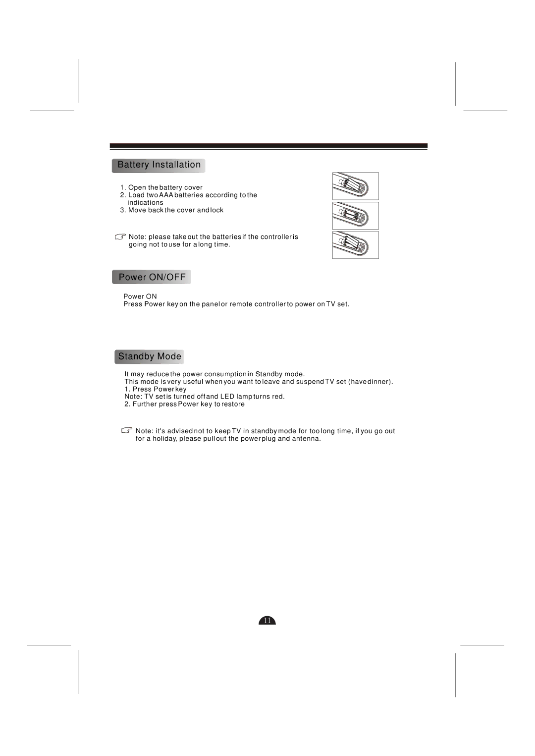 Skyworth LCD-42L29-FHD user manual Battery Installation, Power ON/OFF 