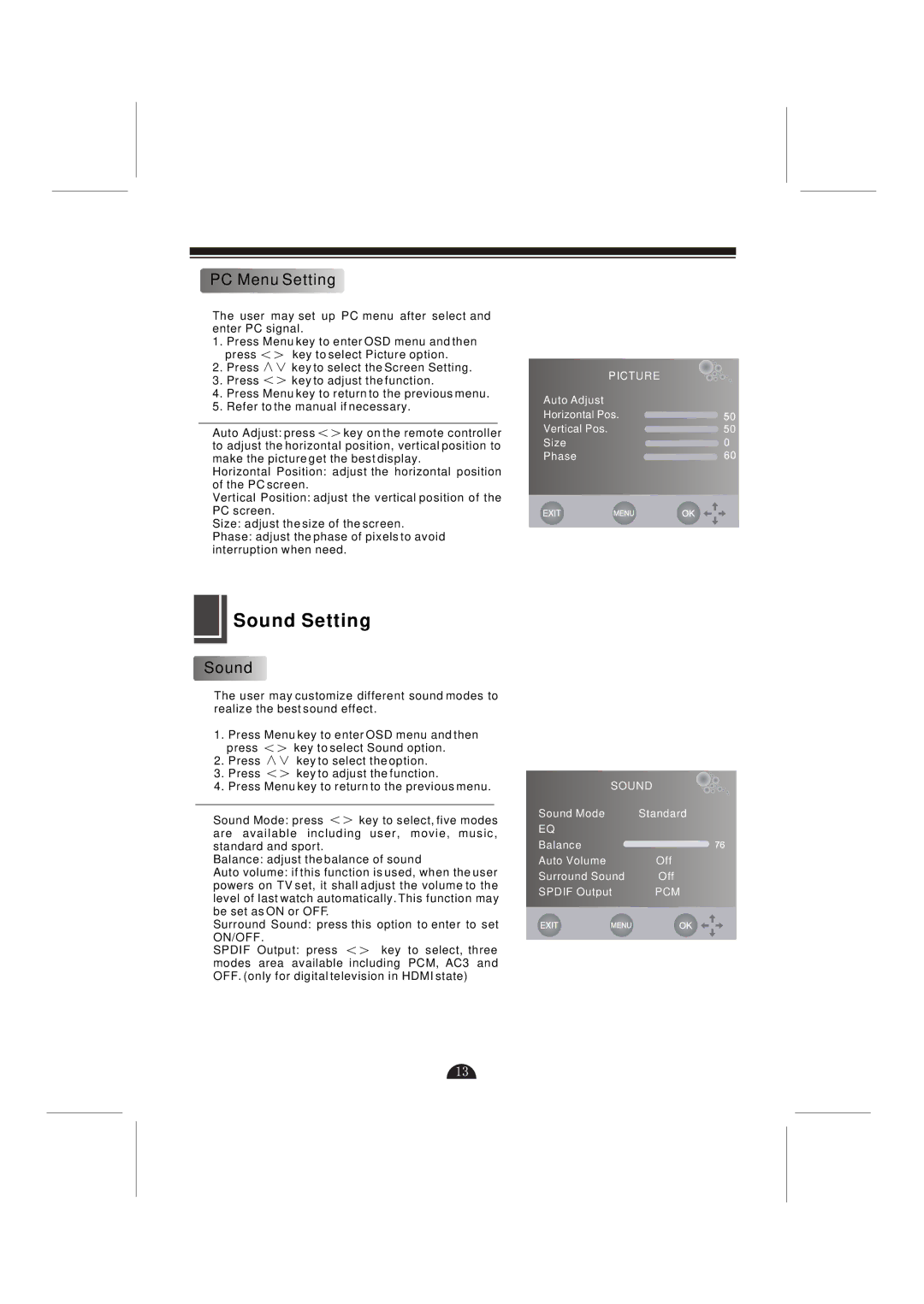 Skyworth LCD-42L29-FHD user manual Sound Setting, PC Menu Setting, On/Off 