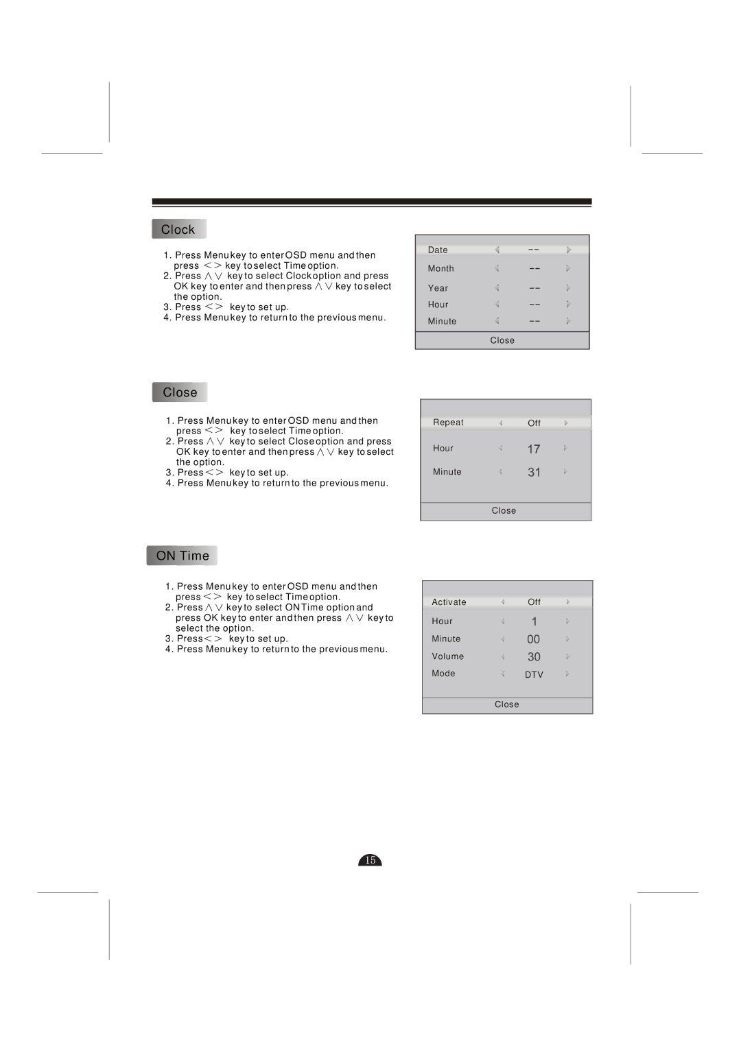 Skyworth LCD-42L29-FHD user manual Clock, Close, On Time 