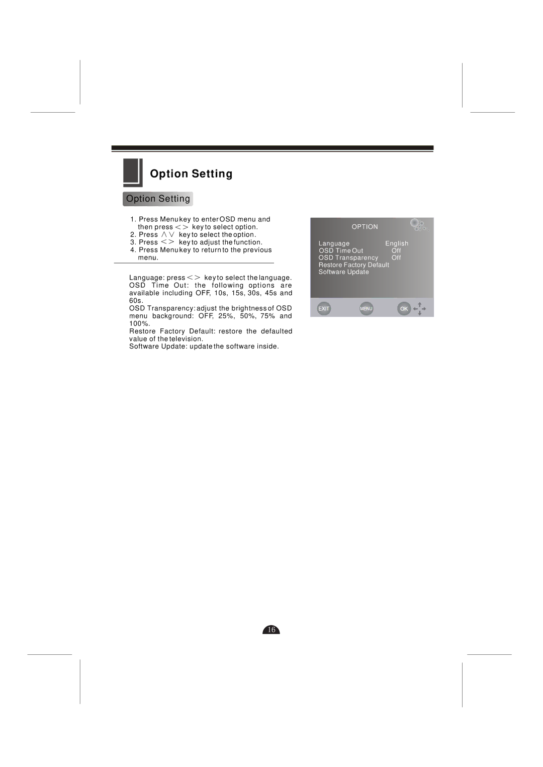 Skyworth LCD-42L29-FHD user manual Option Setting 