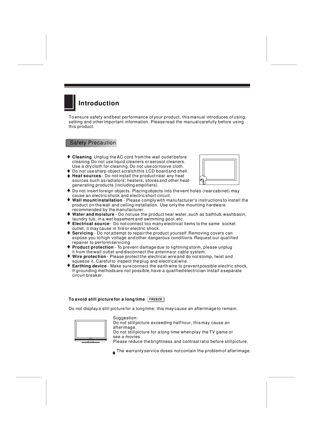 Skyworth LCD-42L29-FHD user manual Introduction, Safety Precaution 