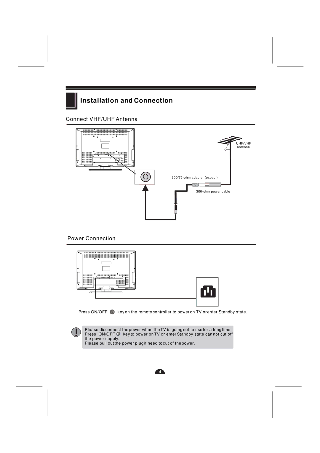 Skyworth LCD-42L29-FHD user manual Installation and Connection, Connect VHF/UHF Antenna, Power Connection 