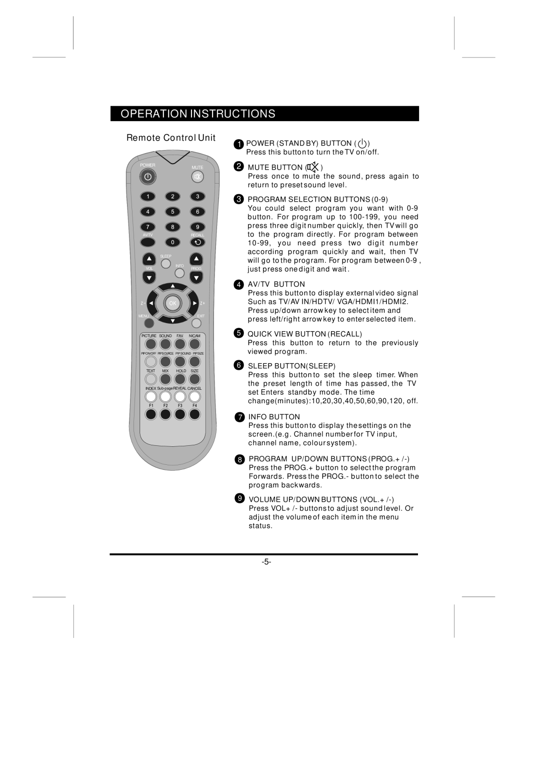 Skyworth LCD-42L8EFHD instruction manual Operation Instructions, Remote Control Unit 