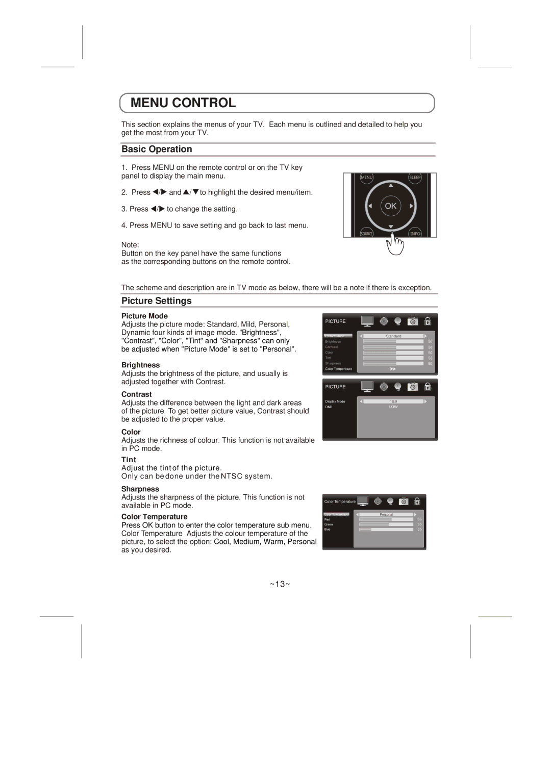 Skyworth LED-32E60 instruction manual Menu Control, Basic Operation, Picture Settings 