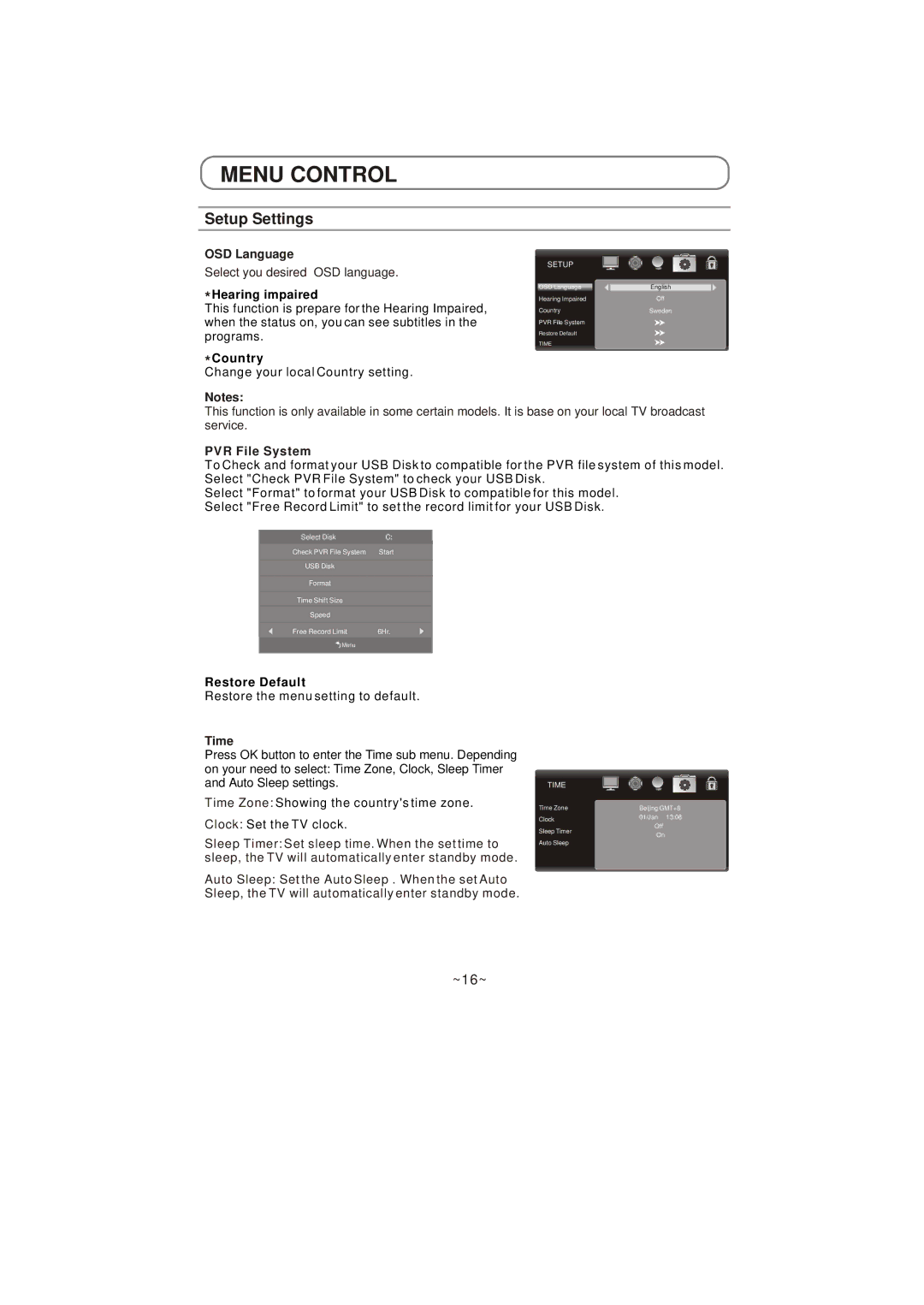 Skyworth LED-32E60 instruction manual Setup Settings, OSD Language, Select you desired OSD language, PVR File System, Time 