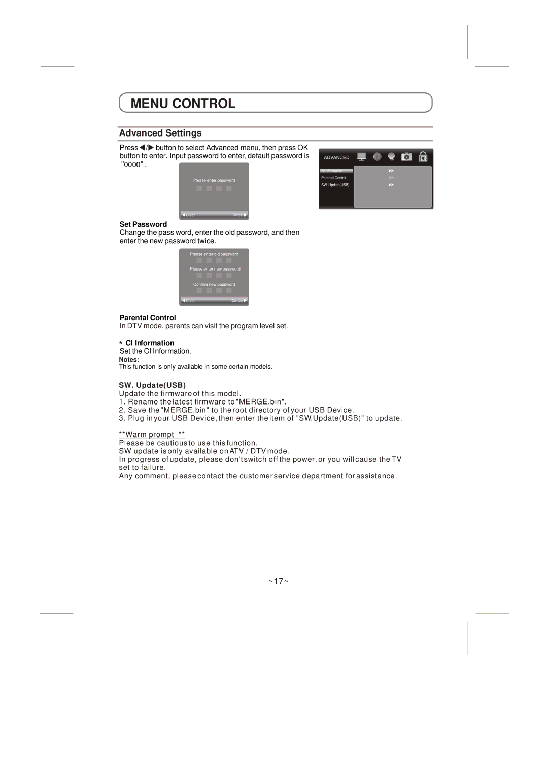 Skyworth LED-32E60 instruction manual Advanced Settings, DTV mode, parents can visit the program level set, SW. UpdateUSB 