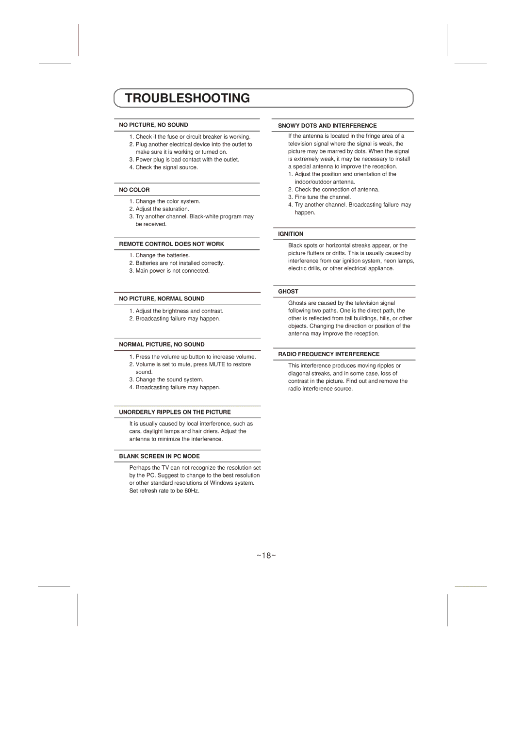 Skyworth LED-32E60 instruction manual Troubleshooting, No PICTURE, no Sound 