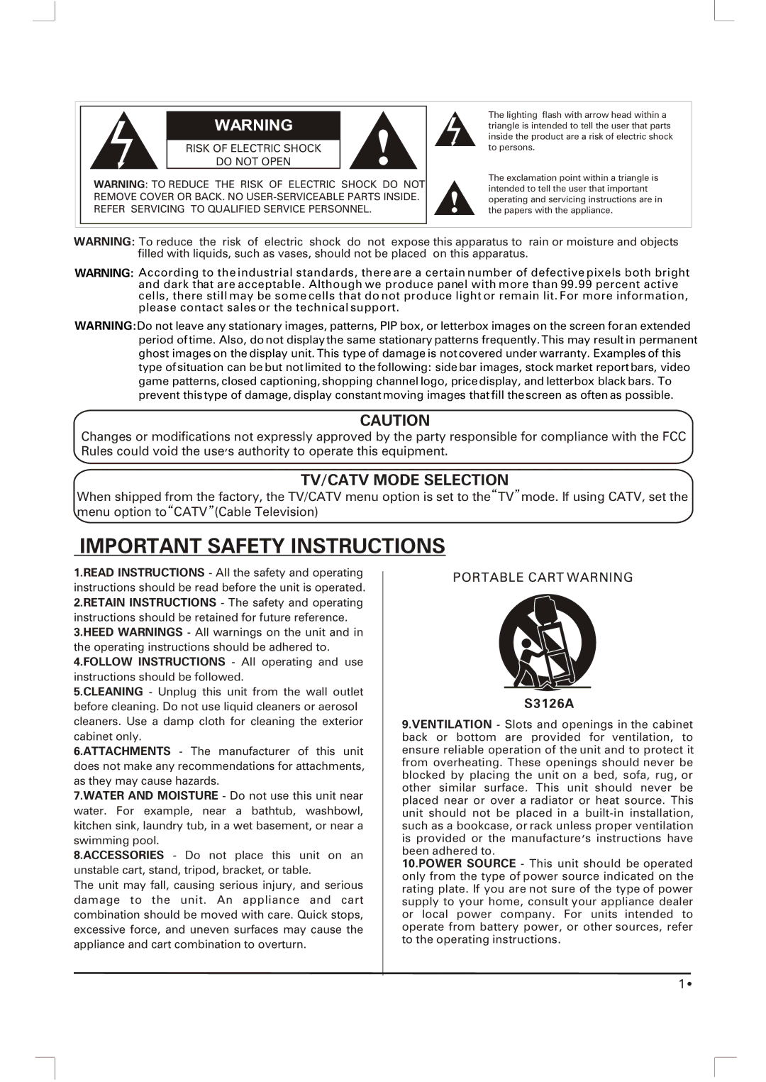 Skyworth SLC-1963A-1 owner manual S3126A, Risk of Electric Shock Do not Open 