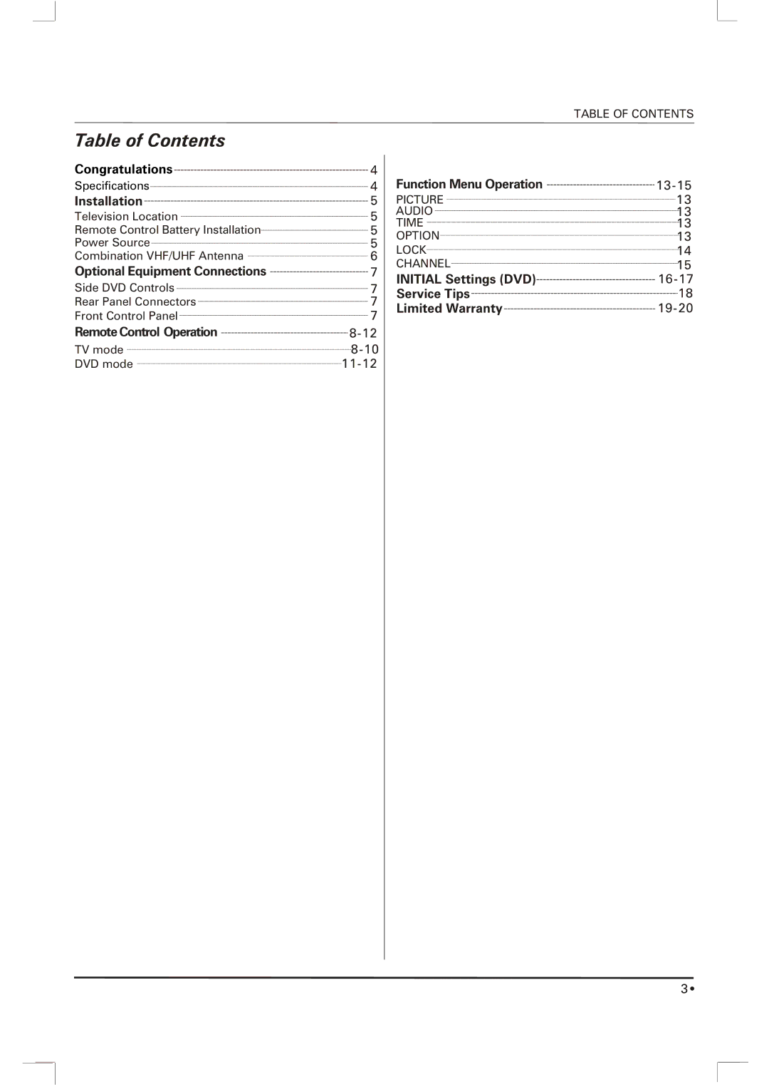 Skyworth SLC-1963A-1 owner manual Table of Contents 