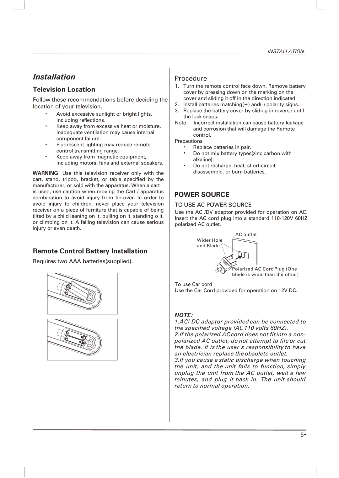 Skyworth SLC-1963A-1 owner manual Installation, Television Location 