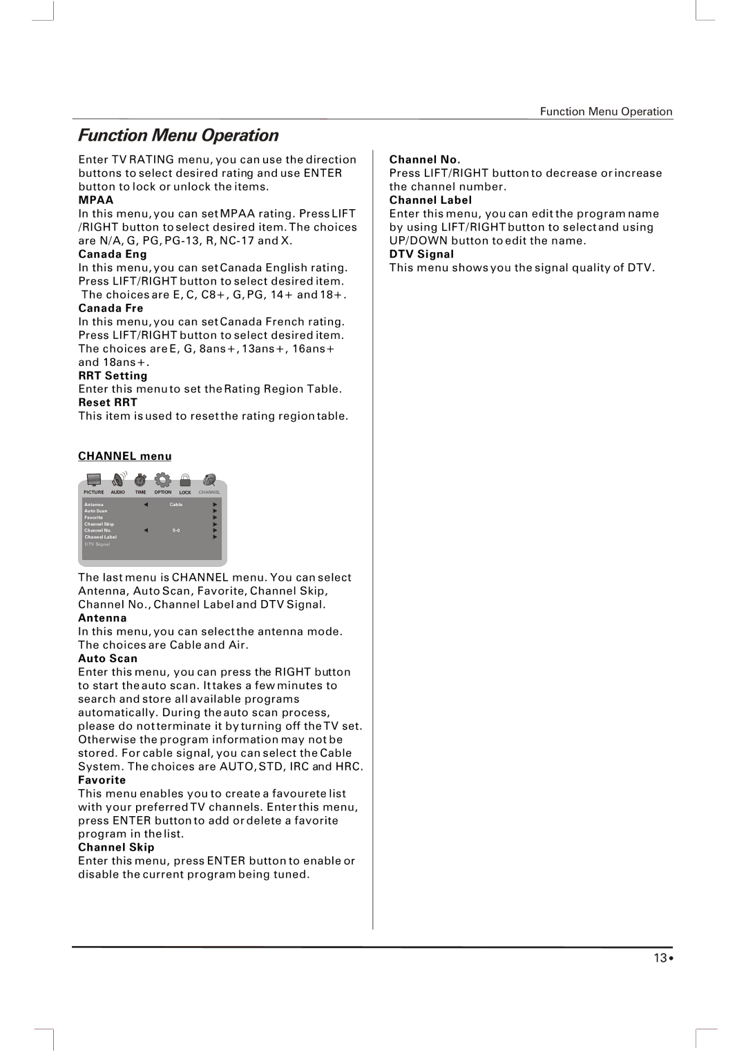 Skyworth SLTV-1551A-1 Canada Eng, Canada Fre, RRT Setting, Reset RRT, Channel menu, Antenna, Auto Scan, Favorite 