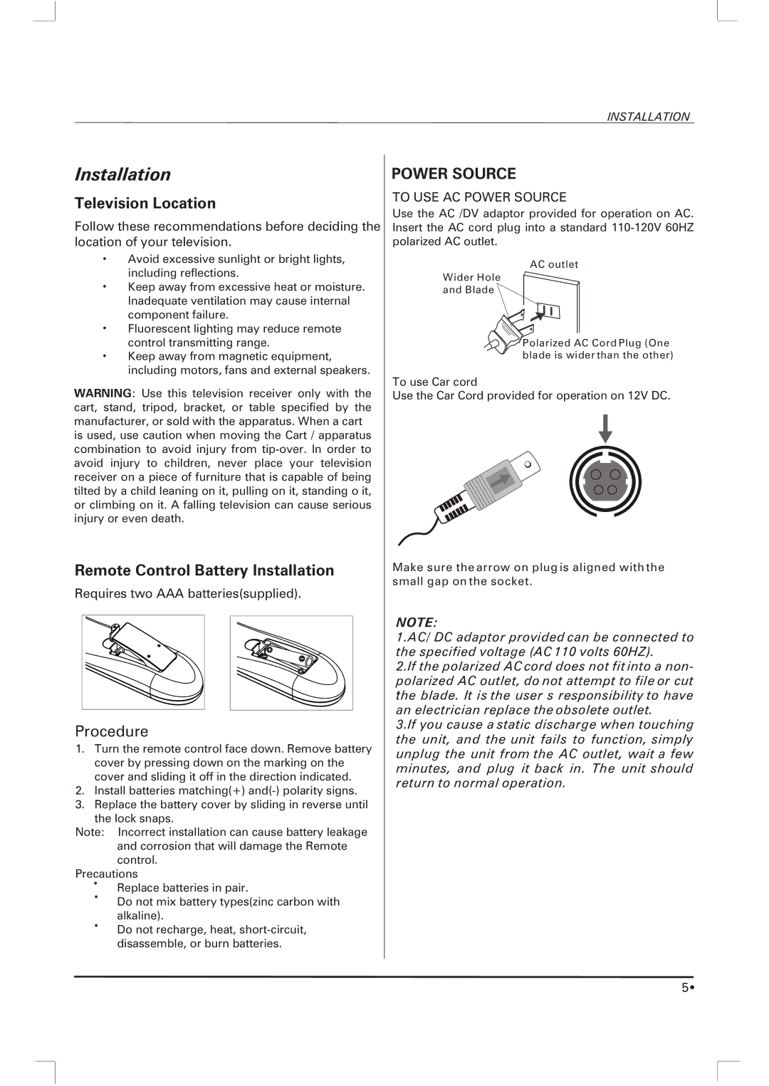 Skyworth SLTV-1551A-1, SLTV-1551AW-1 owner manual Installation, Television Location 