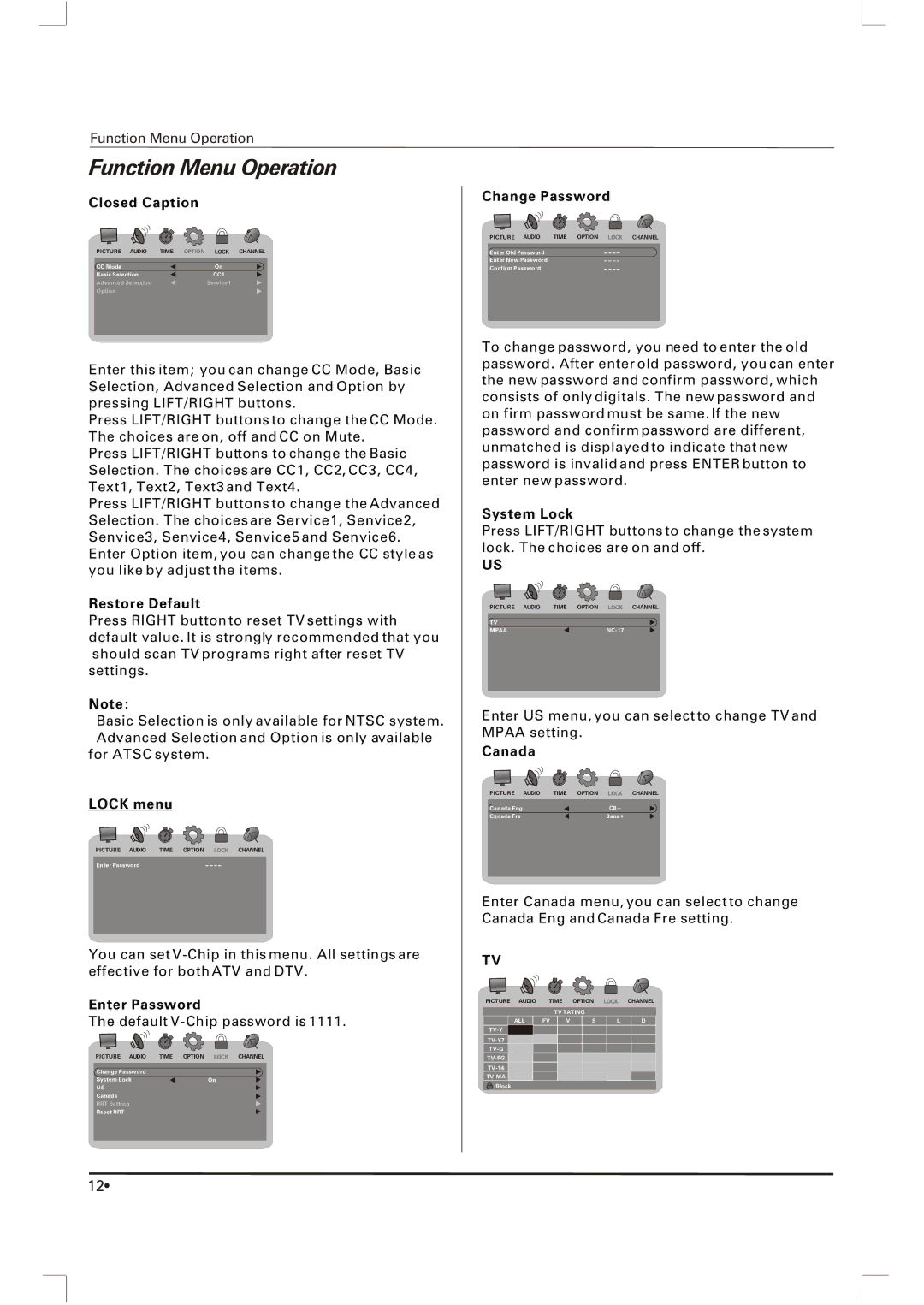 Skyworth SLTV-1963A-1 Closed Caption, Restore Default, Lock menu, Enter Password, Change Password, System Lock, Canada 