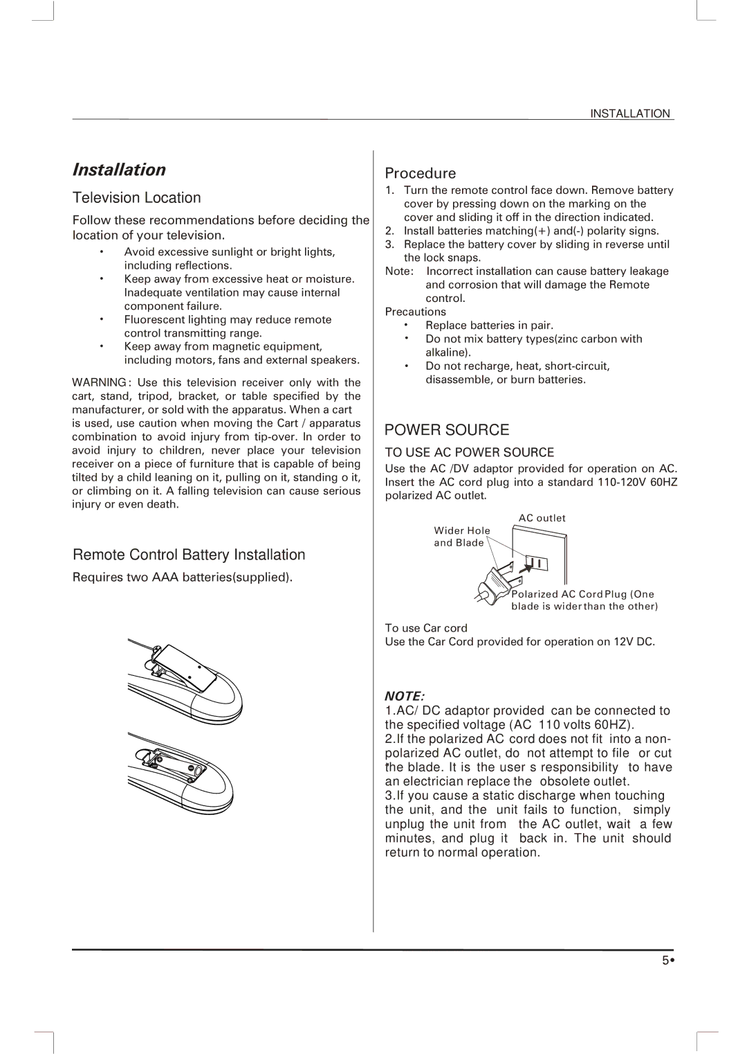 Skyworth SLTV-1963A-1 owner manual Installation, Television Location 