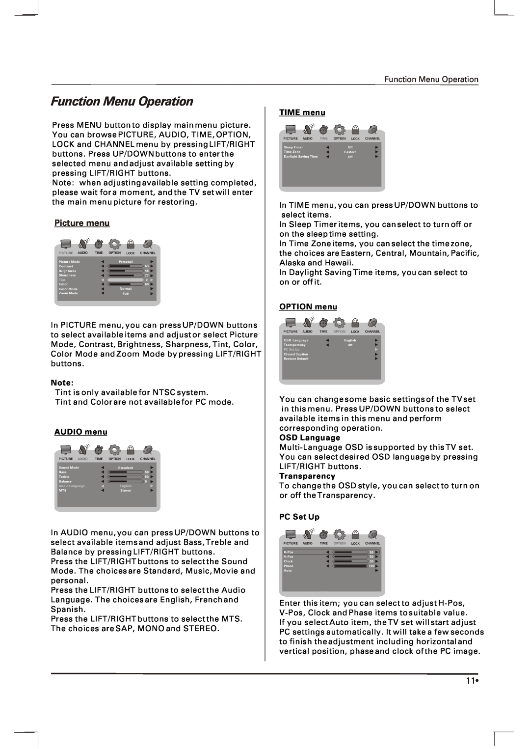 Skyworth SLTV-1963A-1 owner manual Function Menu Operation, Picture menu 