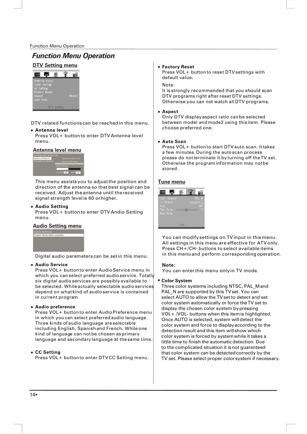 Skyworth SLTV-1963A, SLTV-2063A owner manual DTV Setting menu, Antenna level menu, Audio Setting menu, Tune menu 