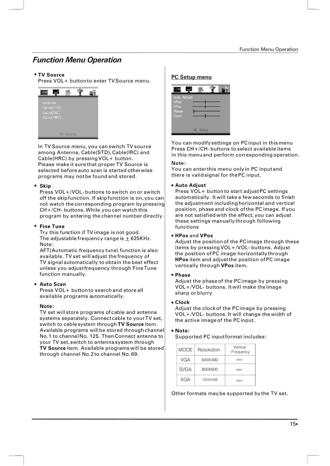 Skyworth SLTV-2063A, SLTV-1963A owner manual PC Setup menu 