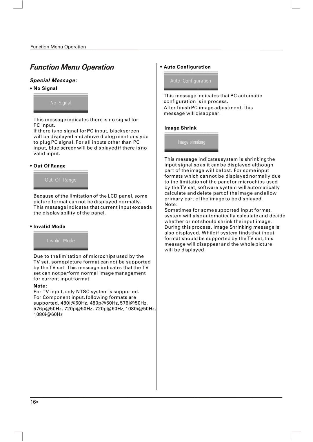 Skyworth SLTV-1963A, SLTV-2063A owner manual No Signal, Out Of Range, Invalid Mode, Auto Configuration, Image Shrink 