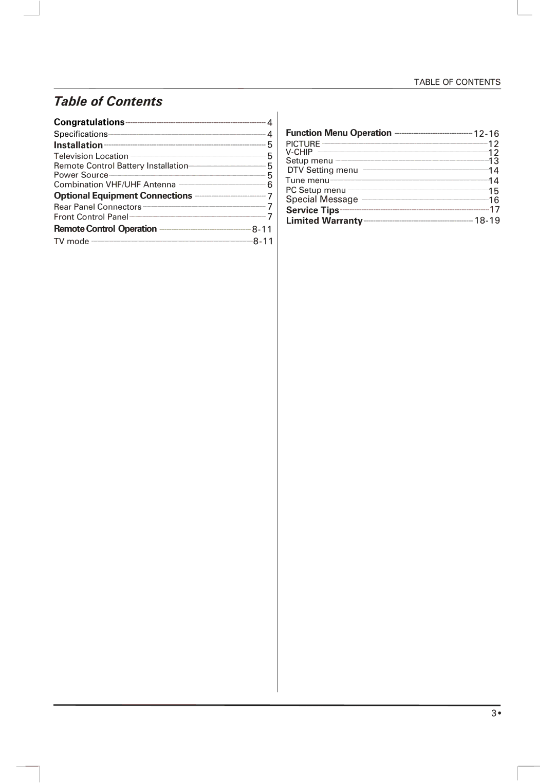 Skyworth SLTV-2063A, SLTV-1963A owner manual Table of Contents 