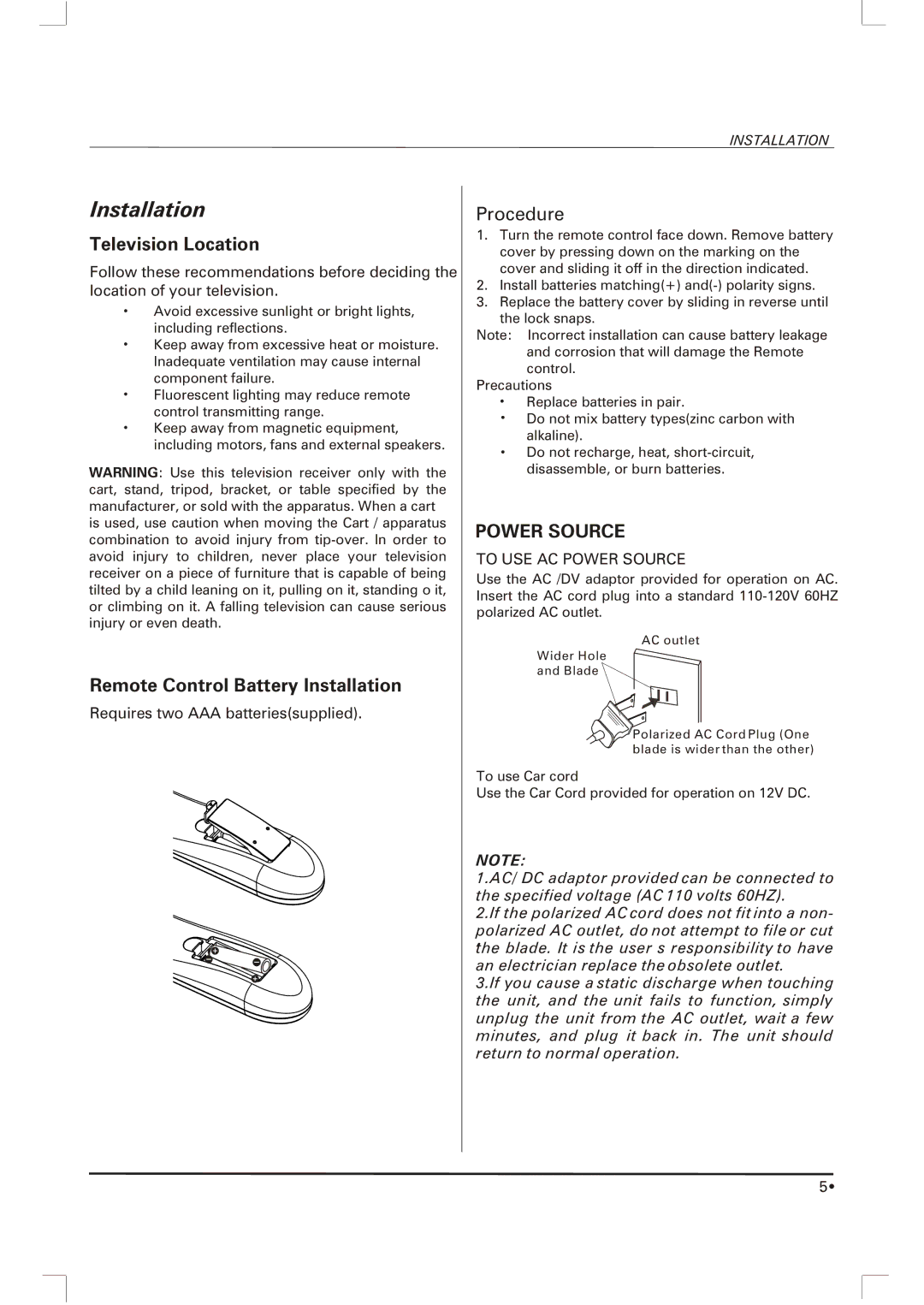 Skyworth SLTV-2063A, SLTV-1963A owner manual Installation, Television Location 