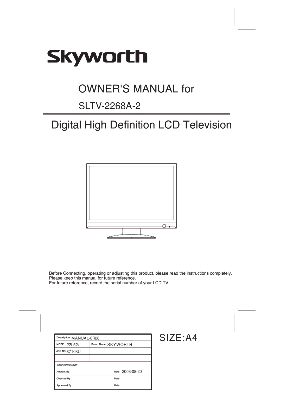 Skyworth SLTV-2268A-2 manual Date 