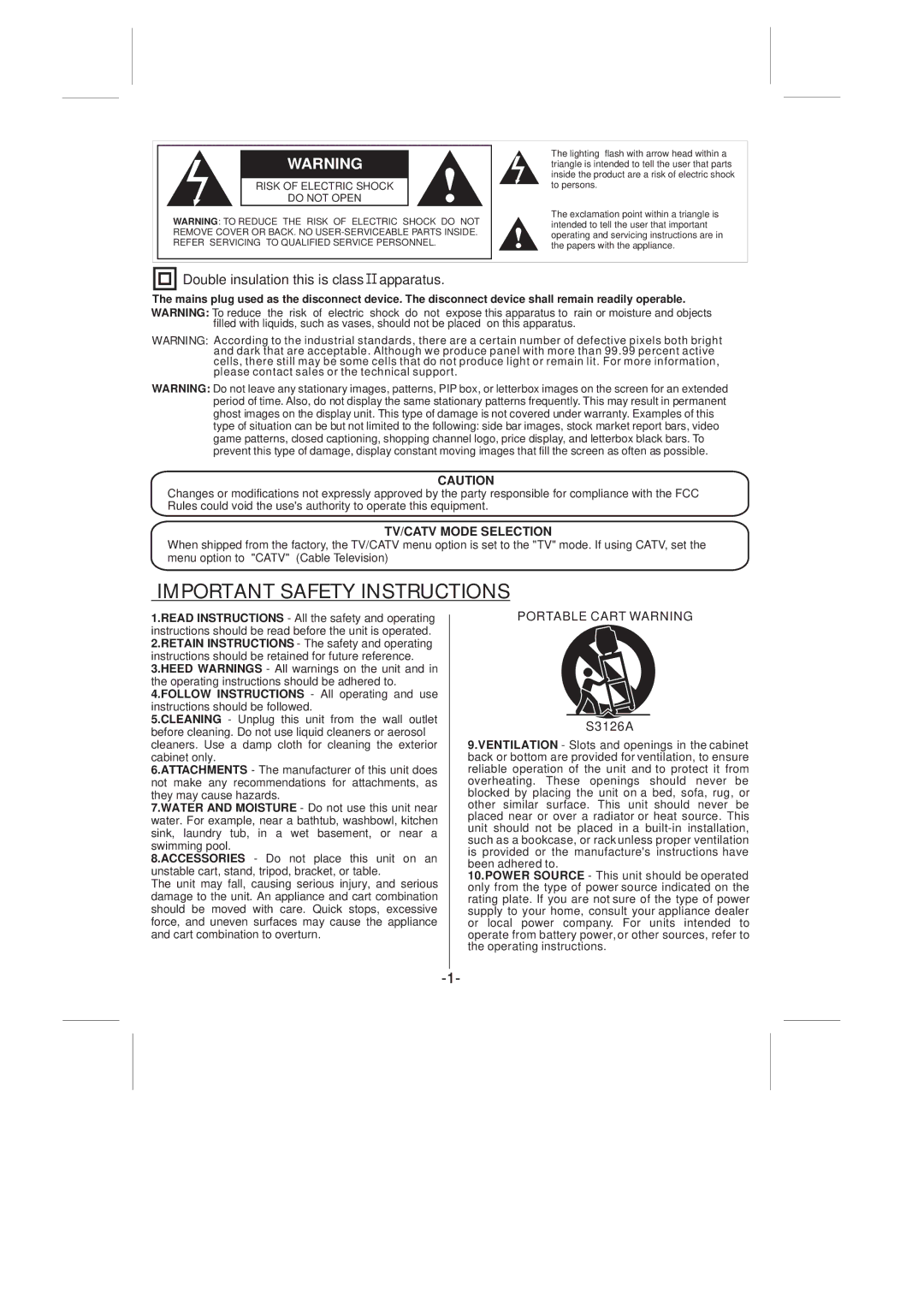 Skyworth SLTV-2268A-2 manual S3126A, Risk of Electric Shock Do not Open 