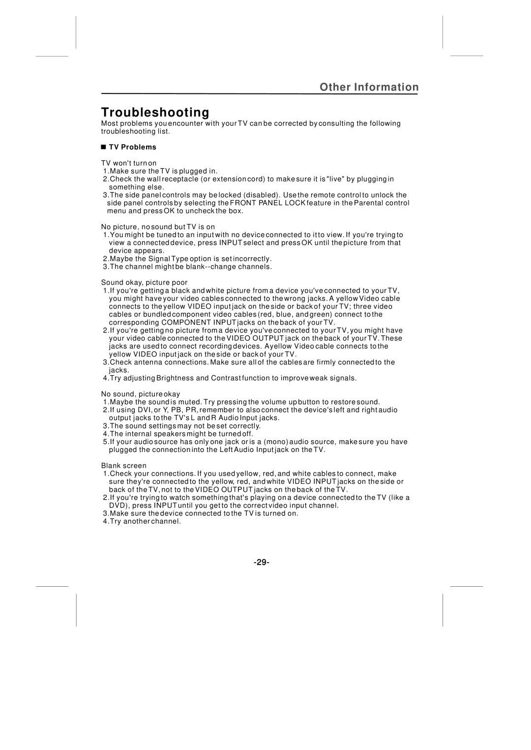 Skyworth SLTV-2268A-2 manual Troubleshooting, TV Problems 