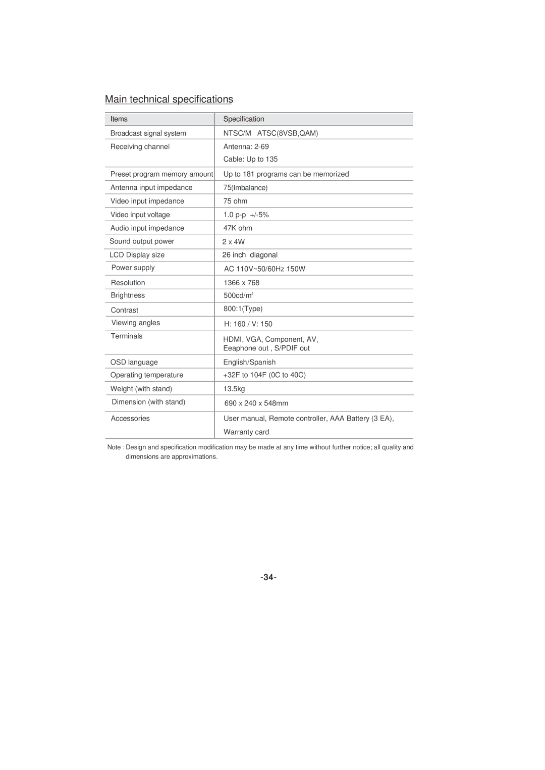 Skyworth SLTV-26L16A-2 manual Main technical specifications 