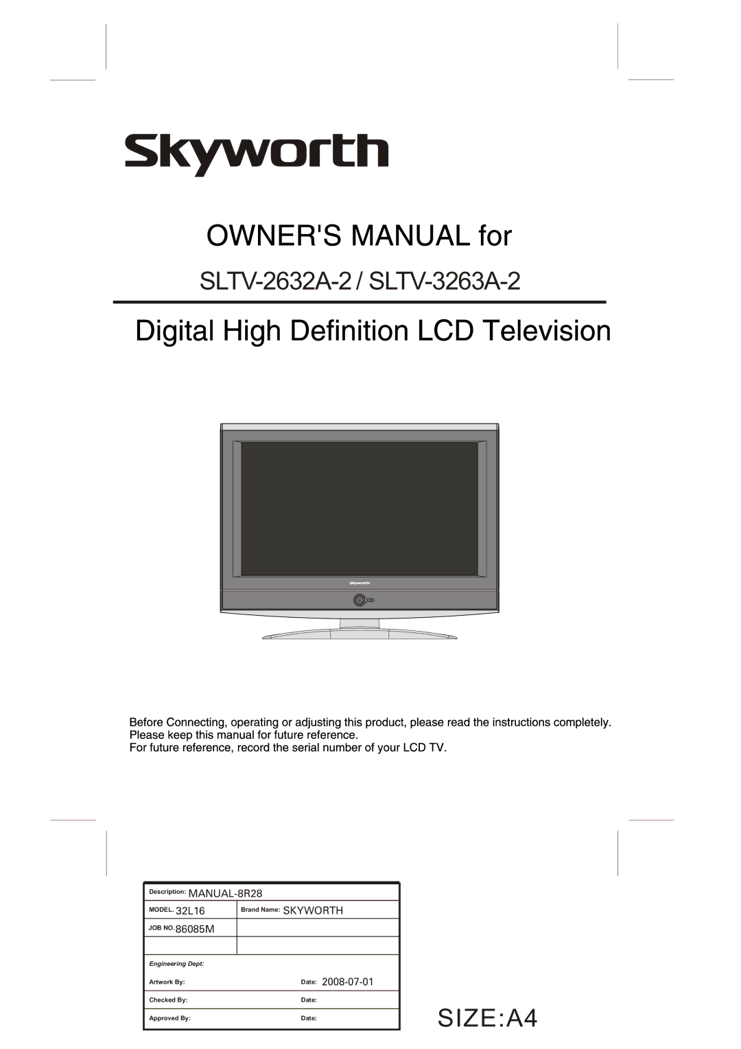 Skyworth manual SLTV-2632A-2 / SLTV-3263A-2, Date 