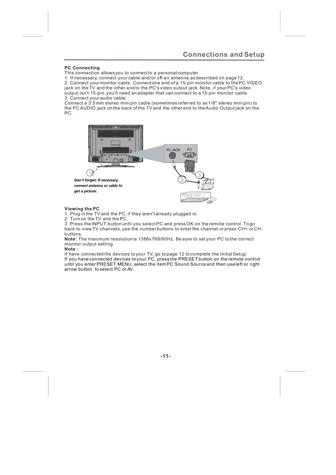 Skyworth SLTV-3263A-2, SLTV-2632A-2 manual PC Connecting, Viewing the PC 