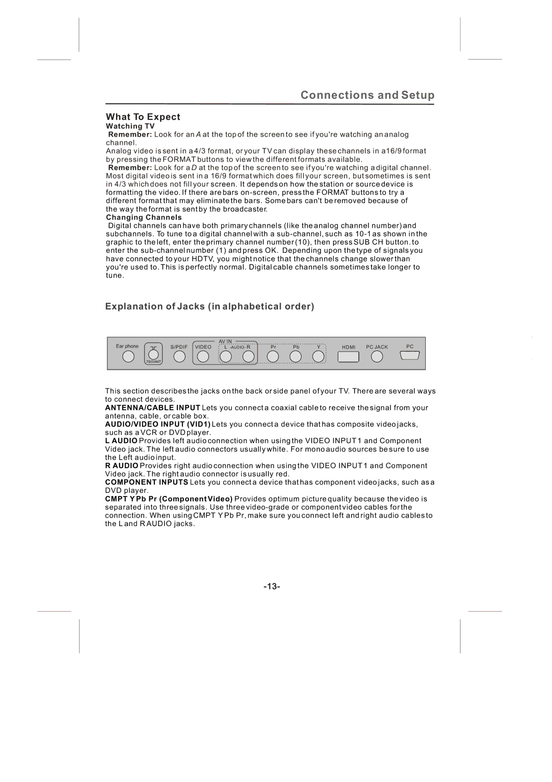 Skyworth SLTV-3263A-2 manual What To Expect, Explanation of Jacks in alphabetical order, Watching TV, Changing Channels 