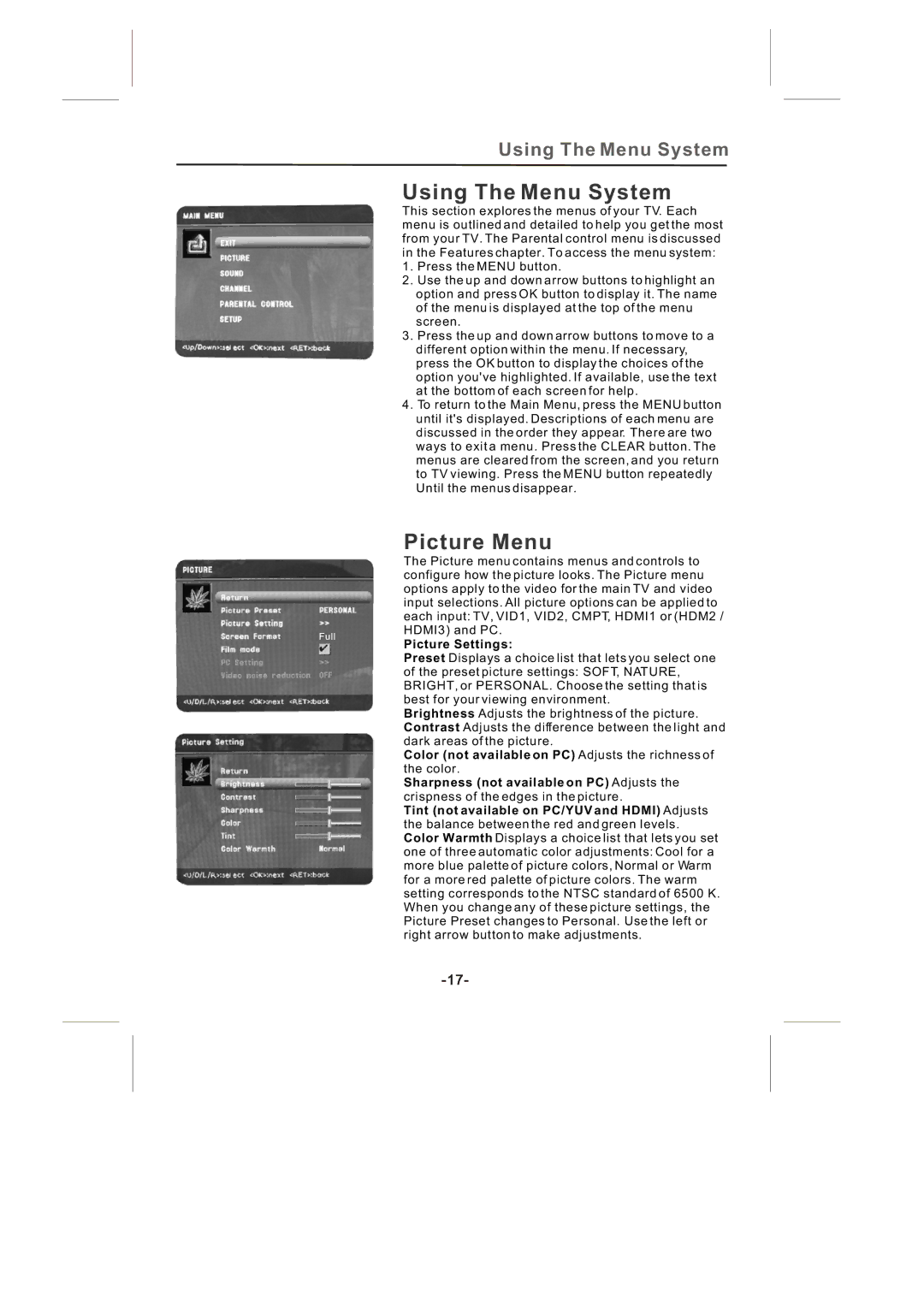 Skyworth SLTV-3263A-2, SLTV-2632A-2 manual Using The Menu System, Picture Menu, Picture Settings 