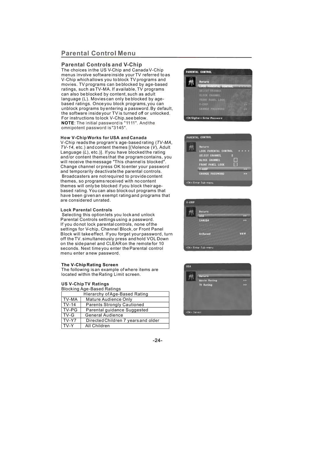 Skyworth SLTV-2632A-2 manual Parental Controls and V-Chip, How V-Chip Works for USA and Canada, Lock Parental Controls 