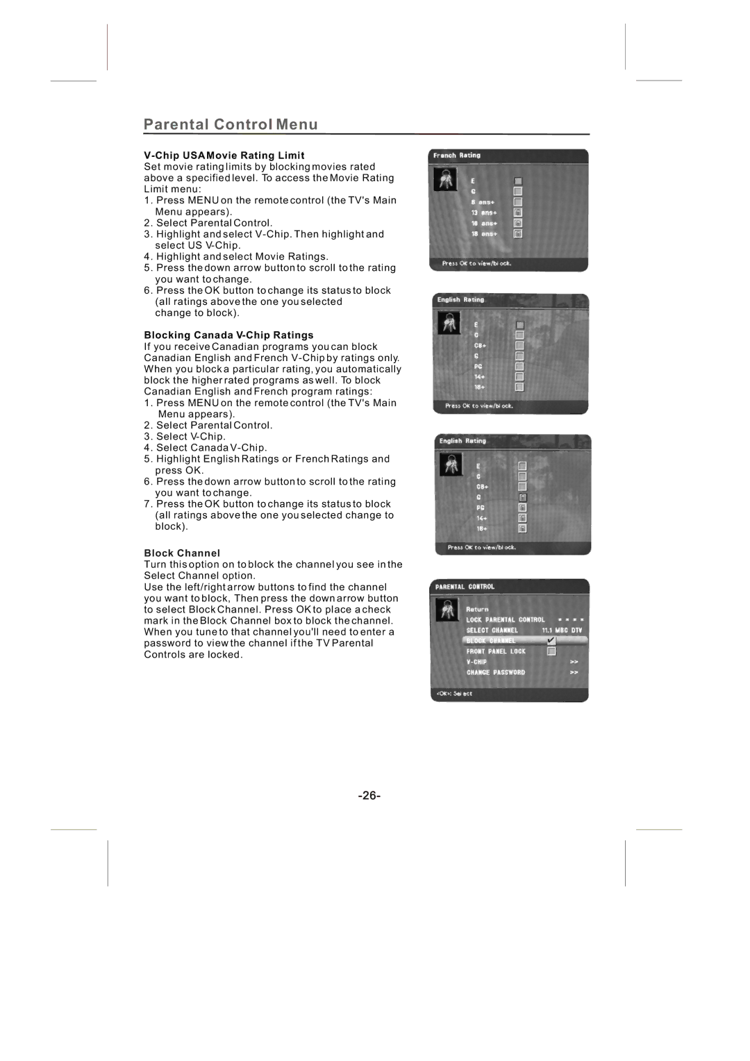 Skyworth SLTV-2632A-2, SLTV-3263A-2 manual Chip USA Movie Rating Limit, Blocking Canada V-Chip Ratings, Block Channel 