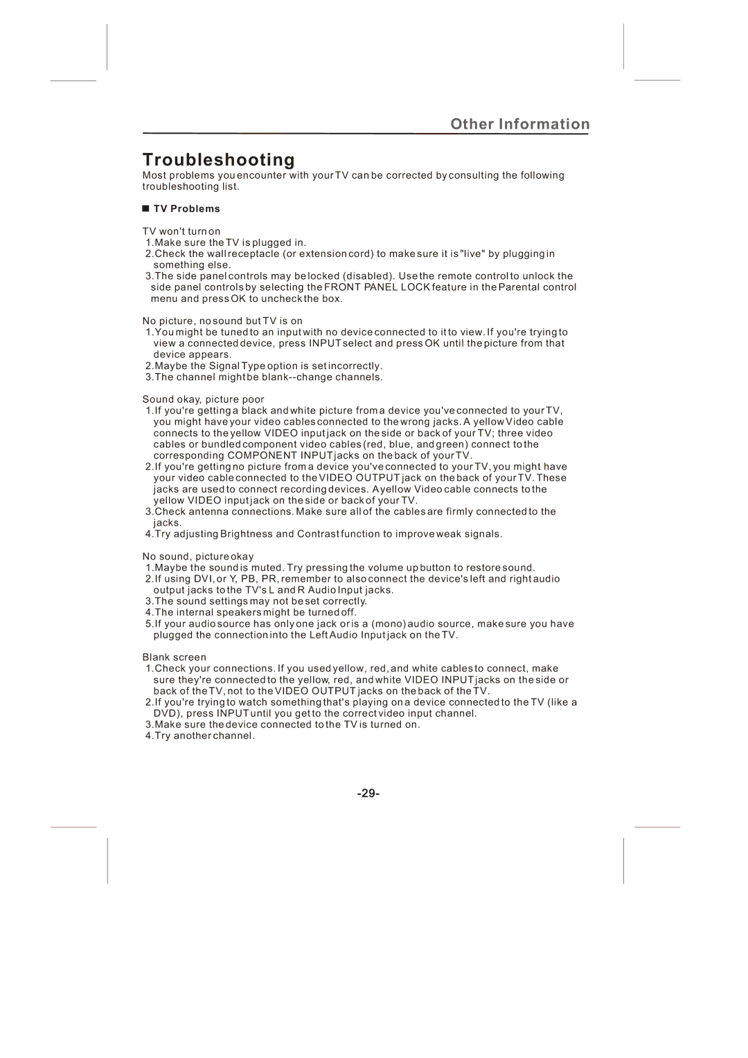 Skyworth SLTV-3263A-2, SLTV-2632A-2 manual Troubleshooting, TV Problems 