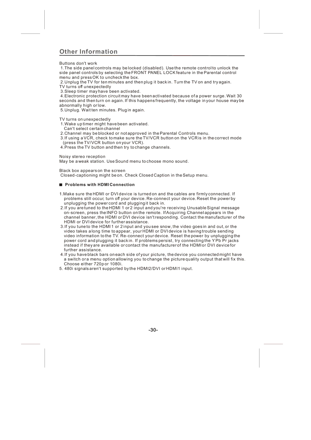 Skyworth SLTV-2632A-2, SLTV-3263A-2 manual Problems with Hdmi Connection 