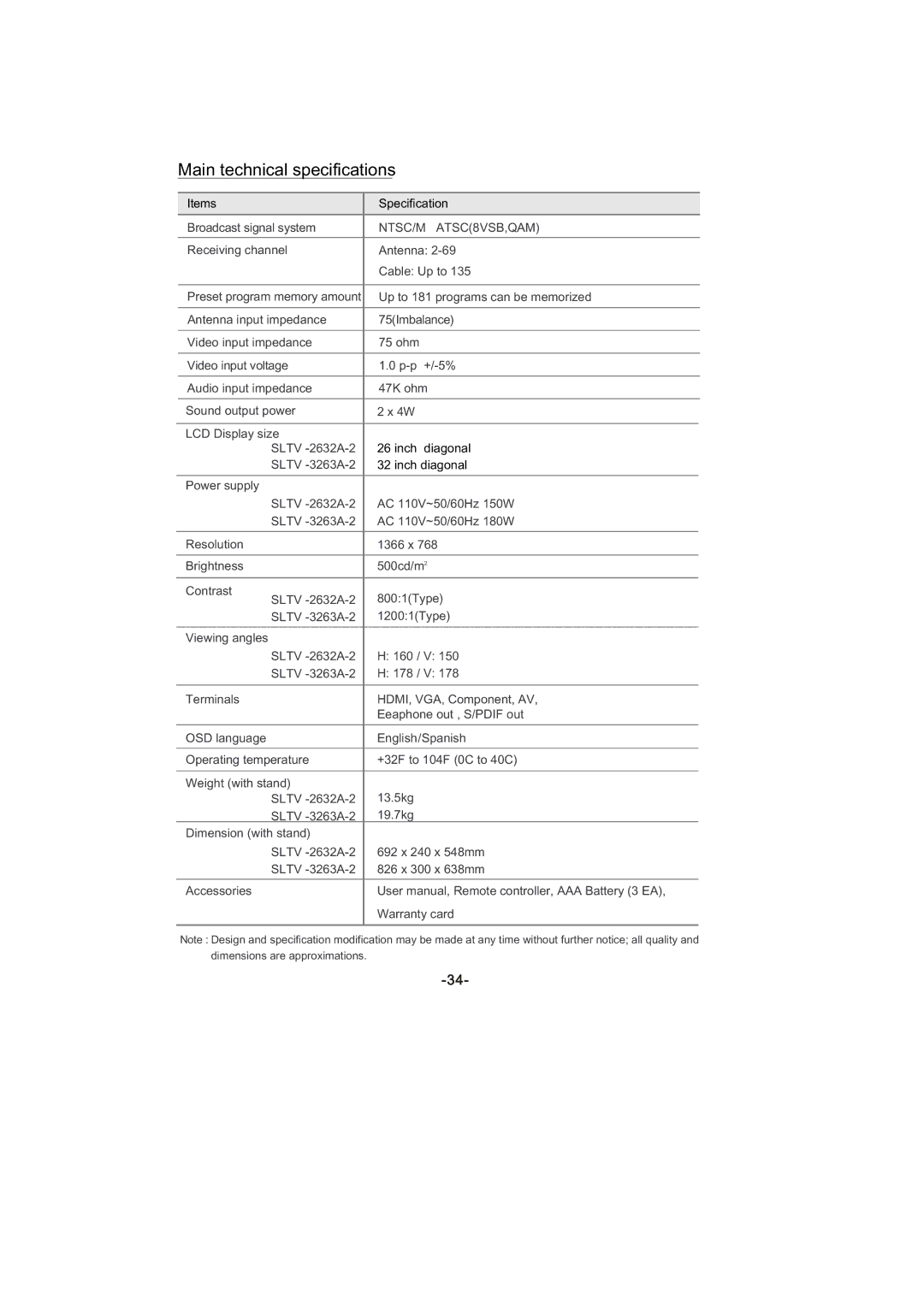 Skyworth SLTV-2632A-2, SLTV-3263A-2 manual Main technical specifications 