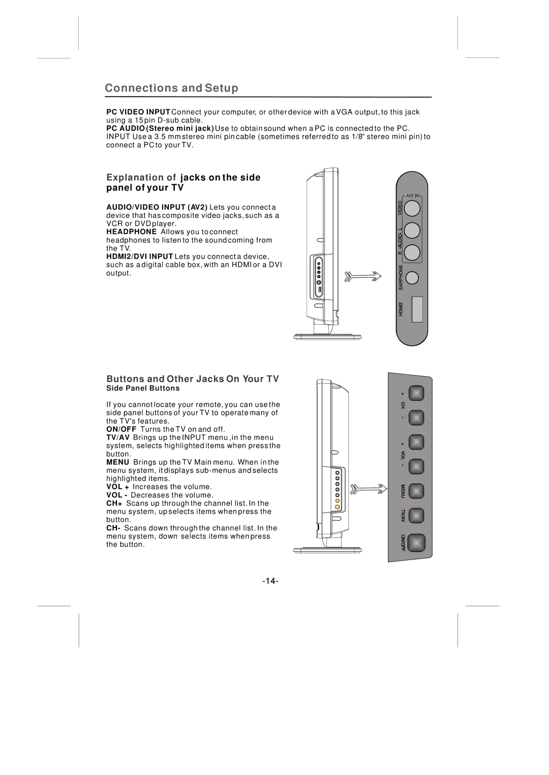 Skyworth SLTV-32L29A-2 manual Buttons and Other Jacks On Your TV, Side Panel Buttons 