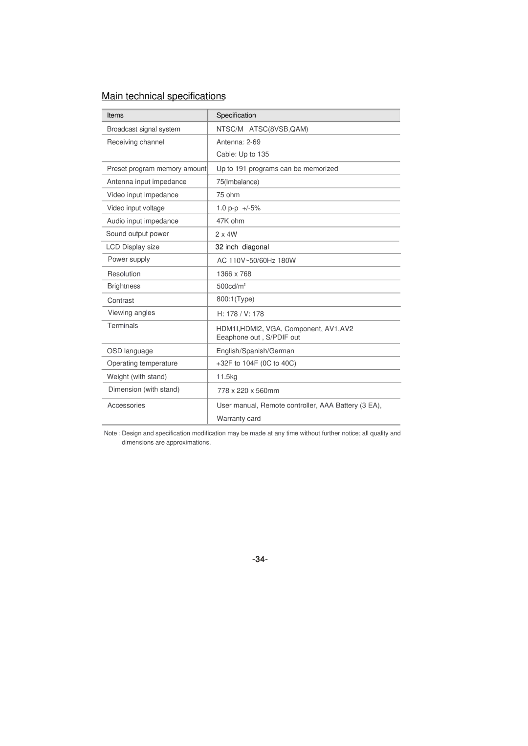 Skyworth SLTV-32L29A-2 manual Main technical specifications 