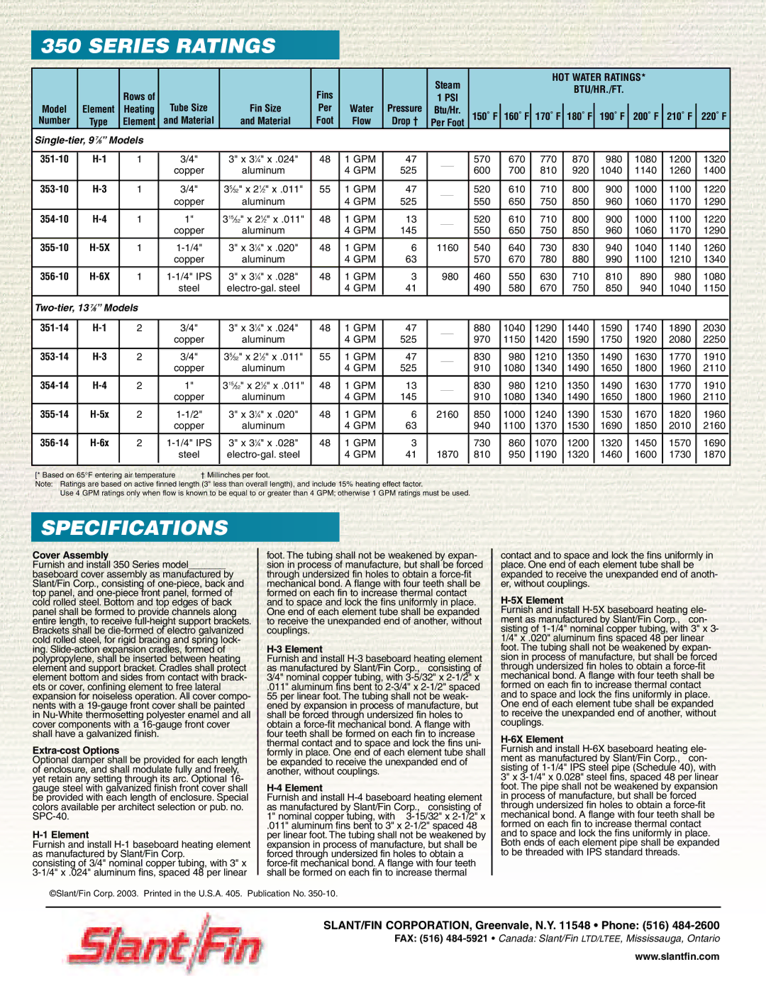 Slant/Fin 350 Series manual Series Ratings, Specifications 