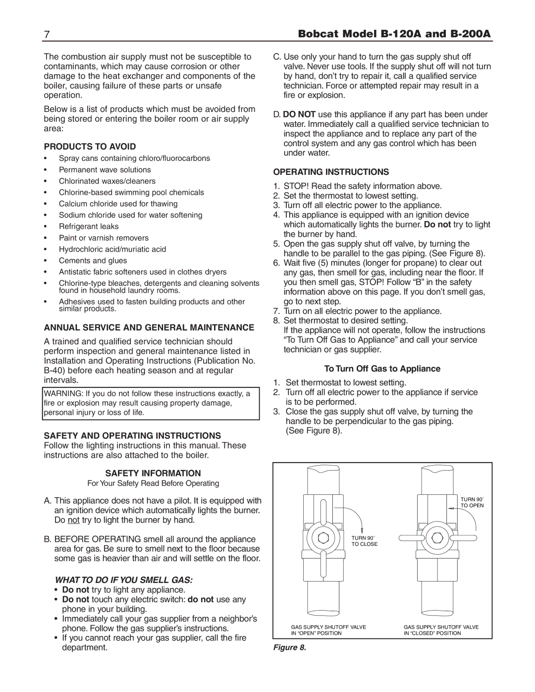 Slant/Fin B-200A Products to Avoid, Annual Service and General Maintenance, Safety Information, Operating Instructions 