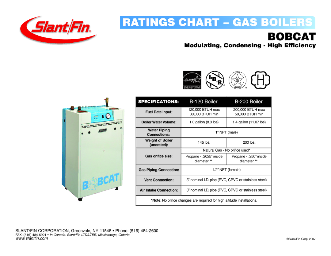 Slant/Fin B-120, B-200 specifications Ratings Chart GAS Boilers, Bobcat, Modulating, Condensing High Efficiency 