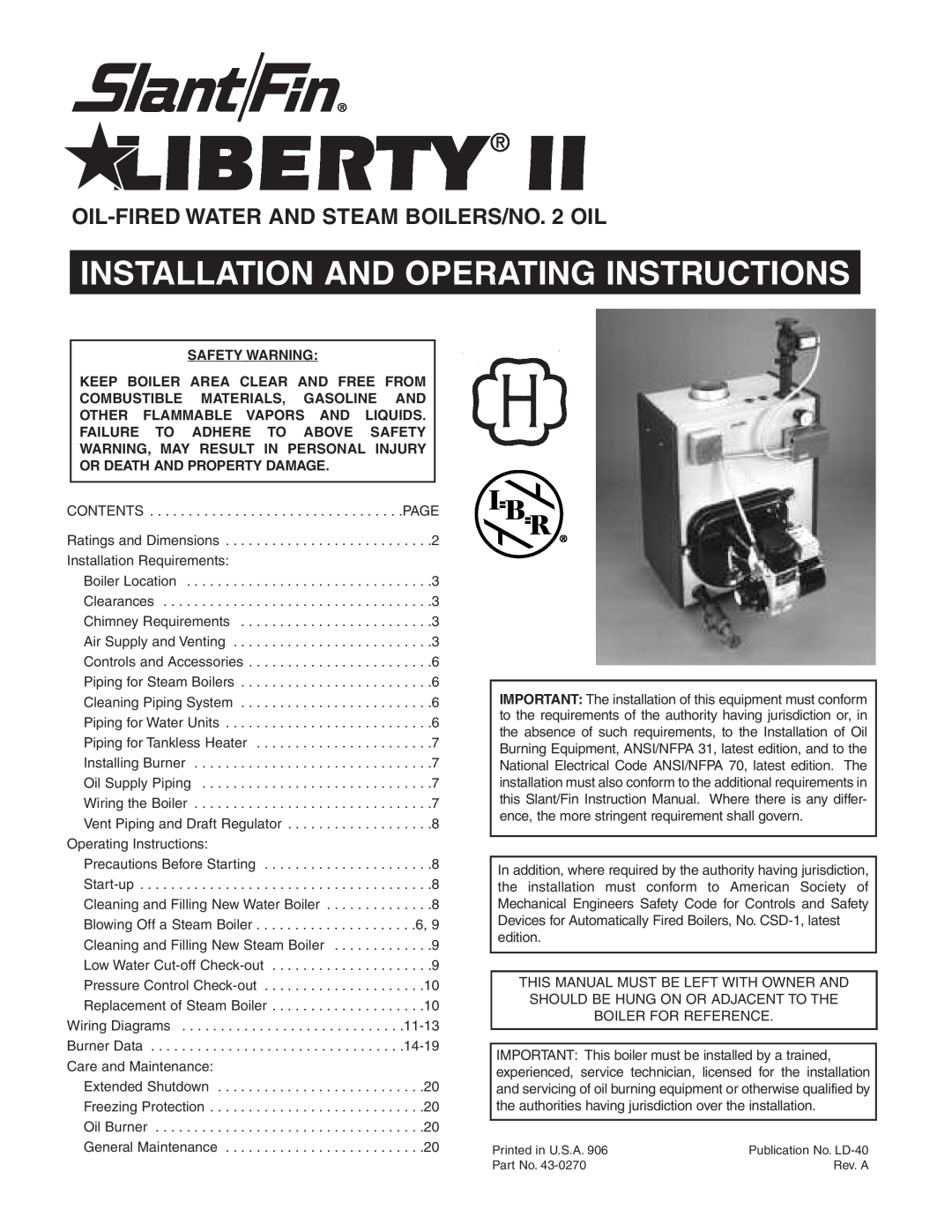 Slant/Fin dimensions Liberty, Installation And Operating Instructions, OIL-FIREDWATER AND STEAM BOILERS/NO. 2 OIL 