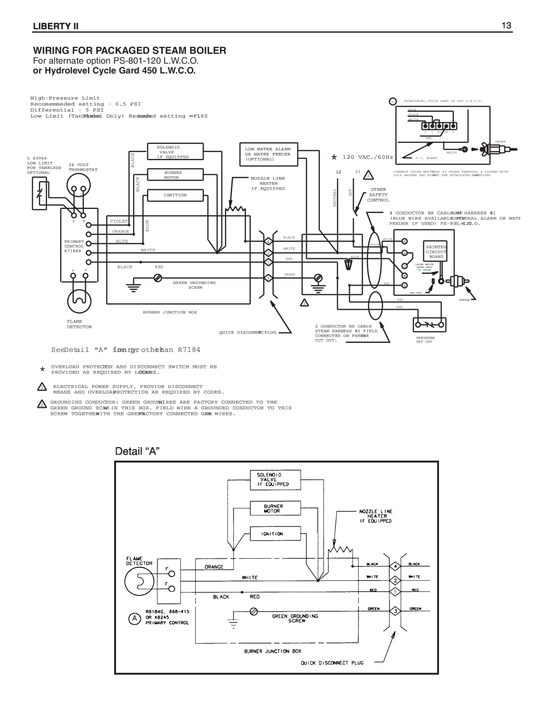 Slant/Fin BOILERS Wiring For Packaged Steam Boiler, or Hydrolevel Cycle Gard 450 L.W.C.O, Detail “A”, Liberty, hantr R7184 