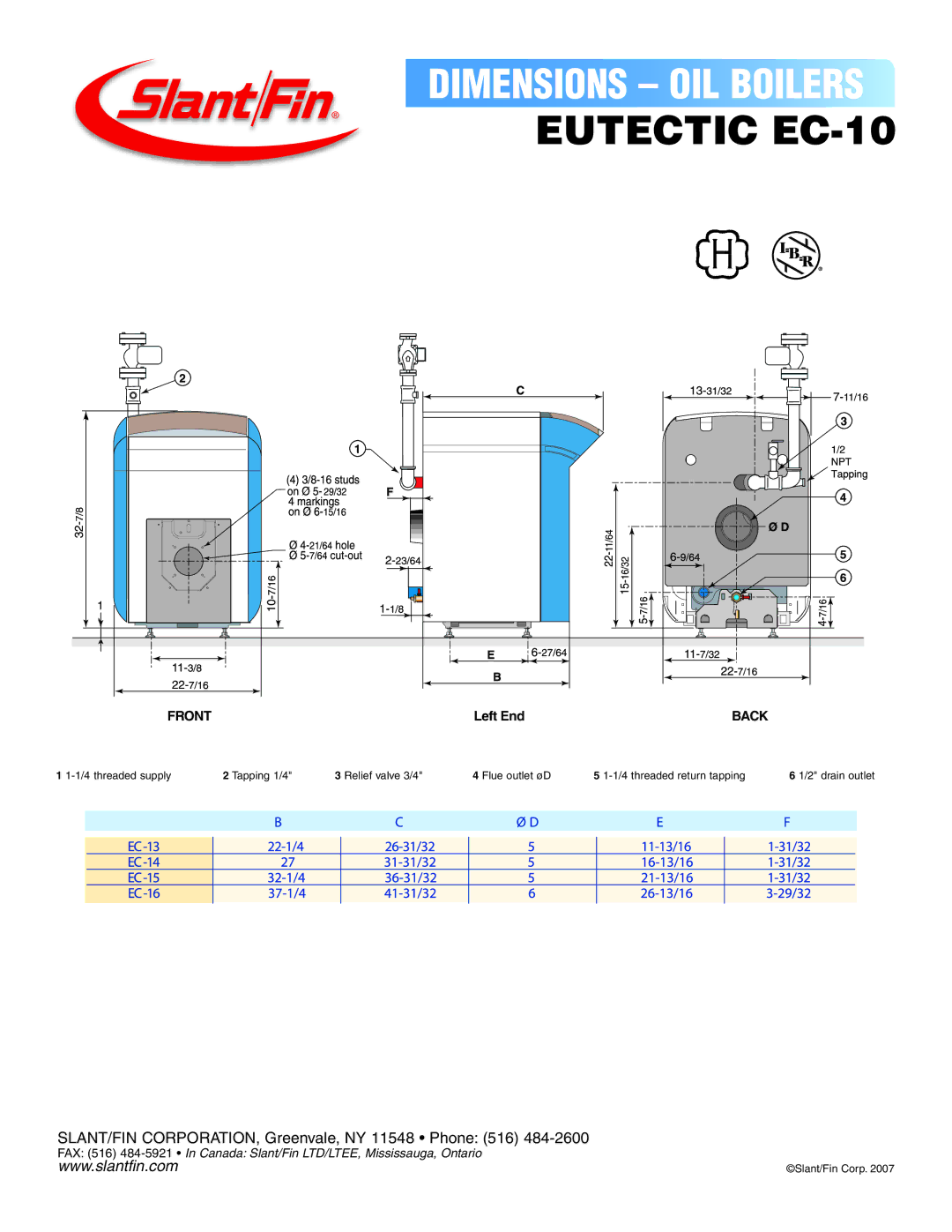 Slant/Fin Eutectic EC10) dimensions Eutectic EC-10, Front, Back 