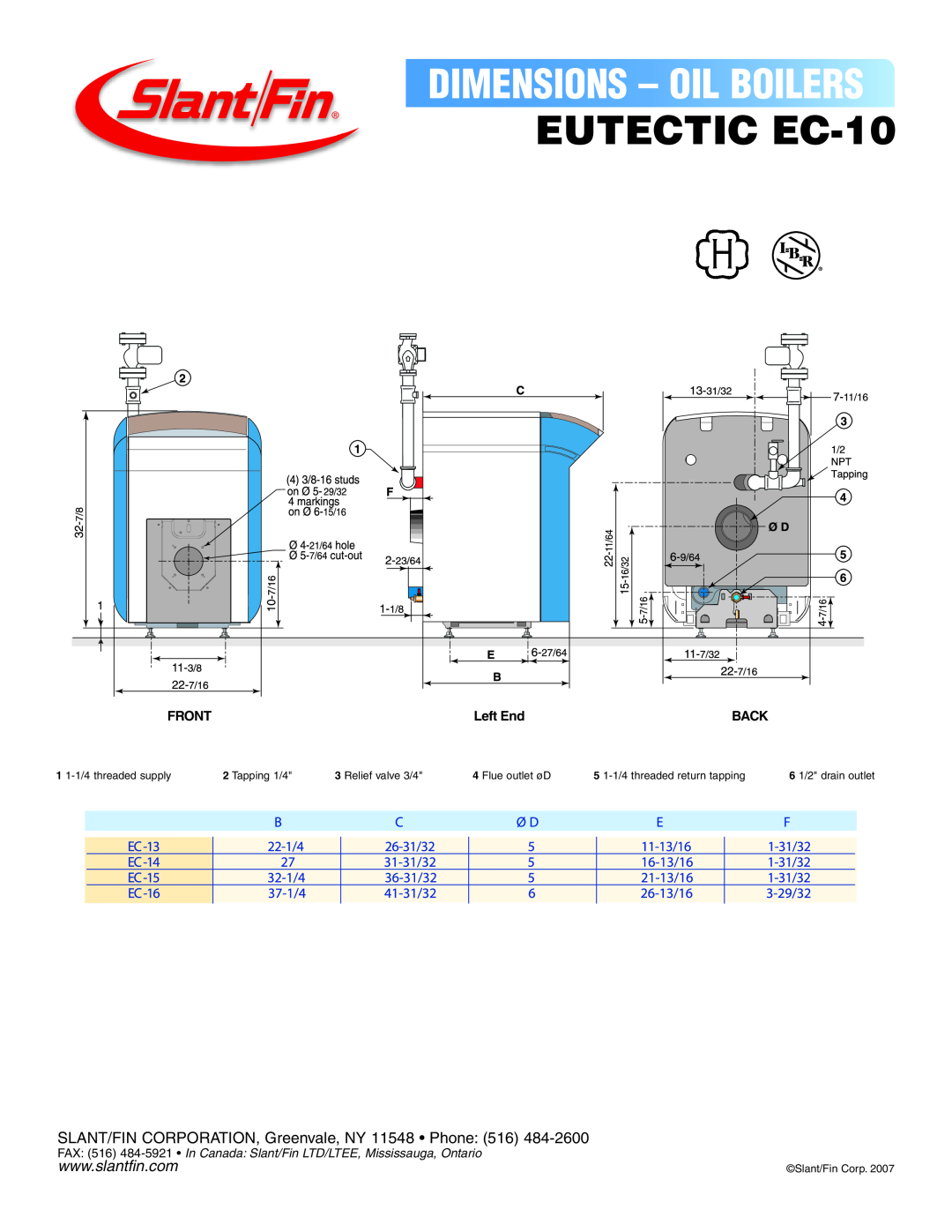 Slant/Fin Eutectic EC10) dimensions EUTECTIC EC-10, Dimensions - Oil Boilers, Front, Left End, Back, Tapping 1/4 