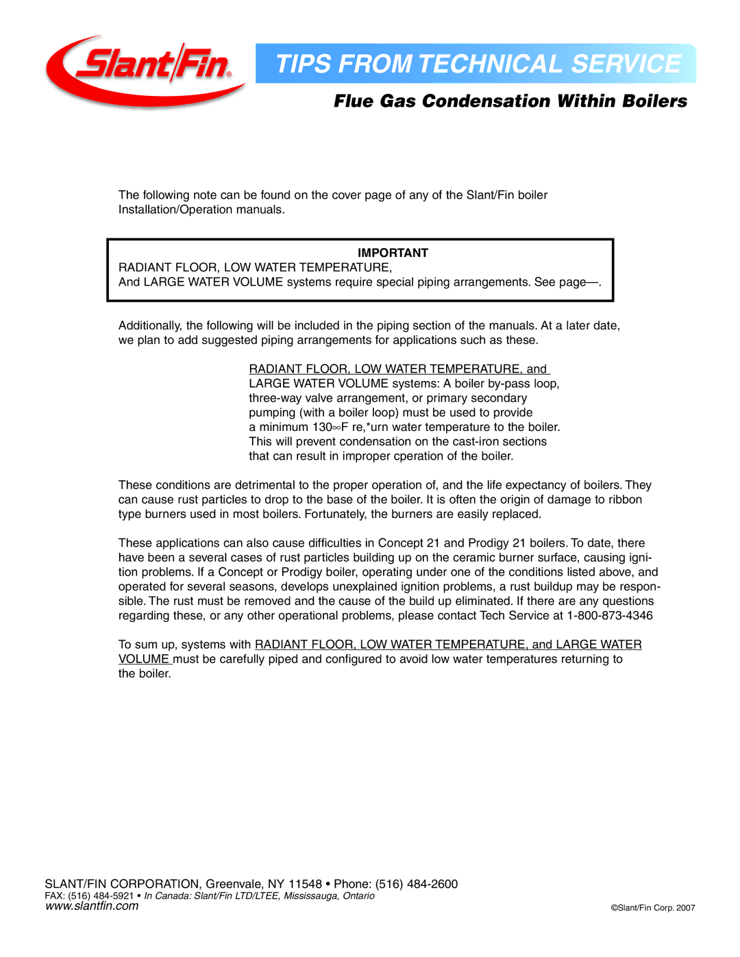 Slant/Fin Gas Condensation Within Boilers operation manual Tips from Technical Service 