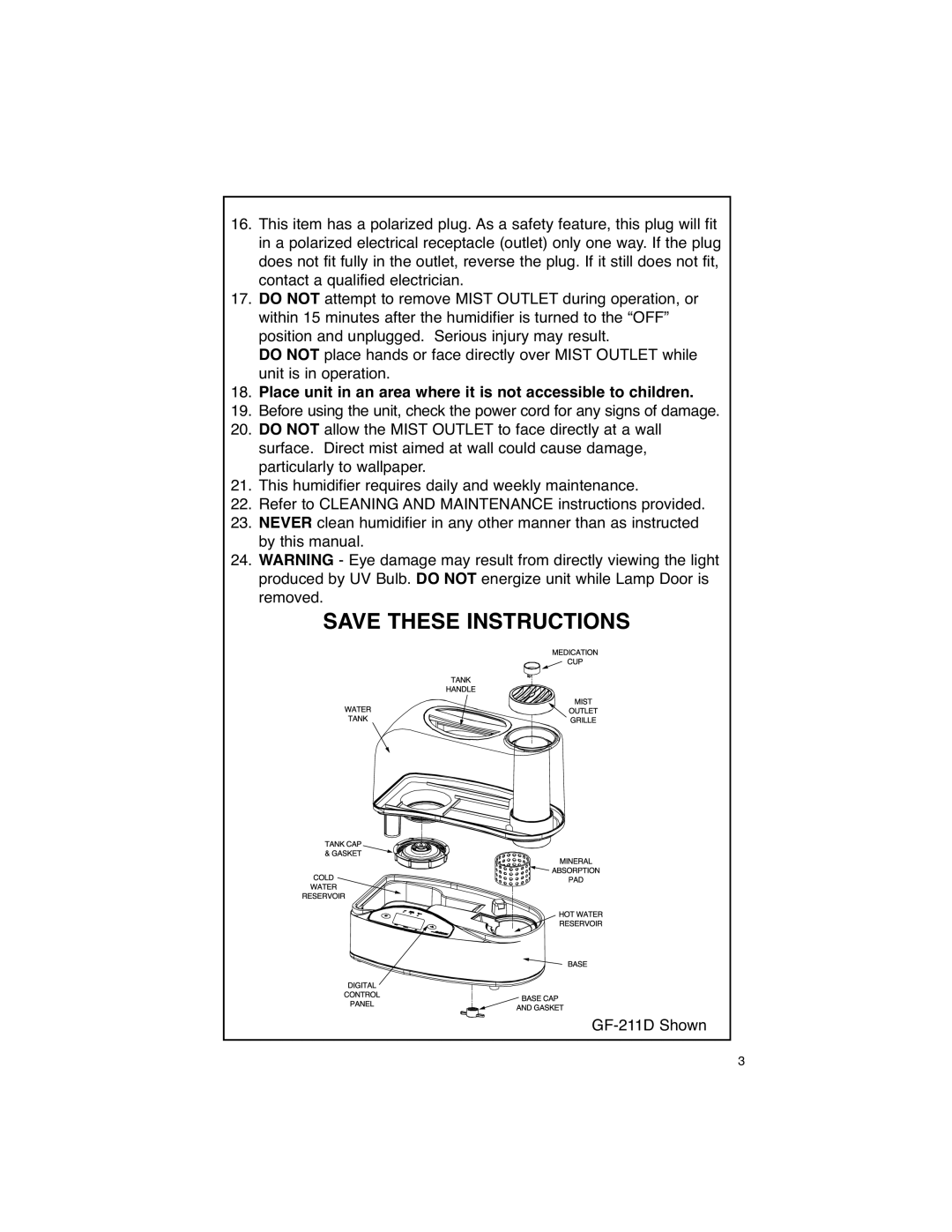 Slant/Fin GF-211D warranty Place unit in an area where it is not accessible to children 