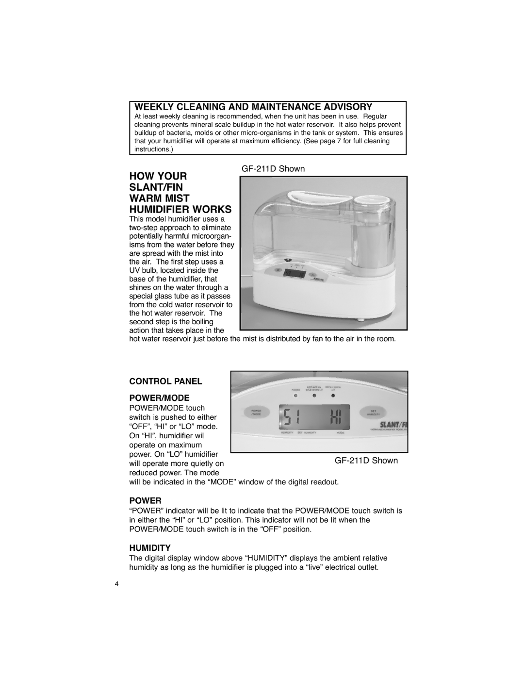 Slant/Fin GF-211D warranty Control Panel POWER/MODE, Power, Humidity 